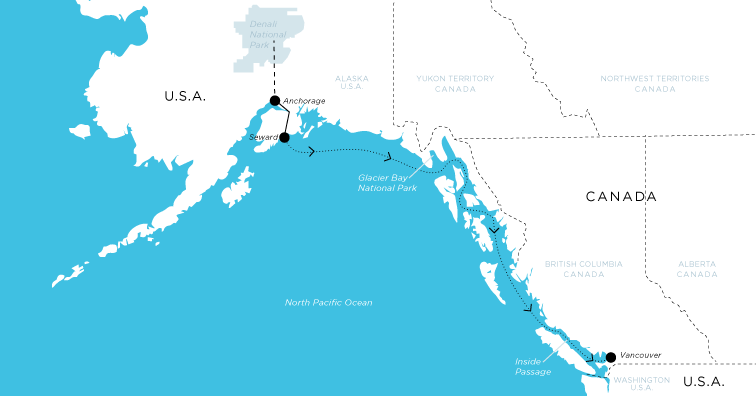 Cruise path from Vancouver to Alaska with land tour to Anchorage