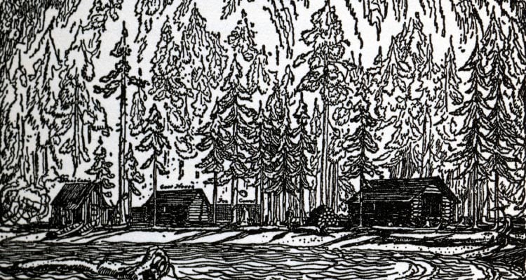 An illustration of wooden cabins between water and a forest.