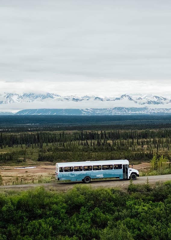 A bus driving on a road surrounded by trees and a mountain range in the background
