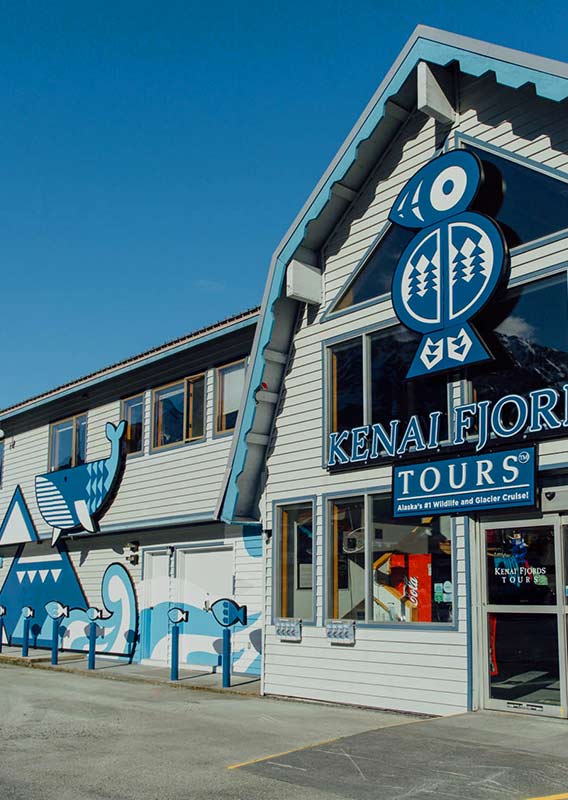 The whale mural covered exterior of the Kenai Fjords Tours location in Seward Small Boat Harbor