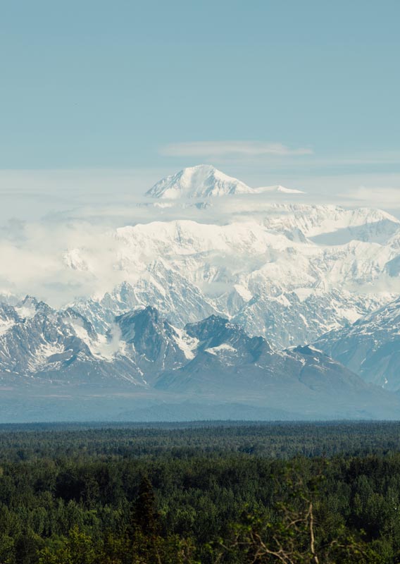 A tall mountain covered in snow rising from a forested landscape.