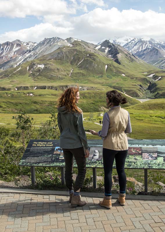 Two people stand at an interpretive sign at Eielson lookout, looking out to tundra and mountains.
