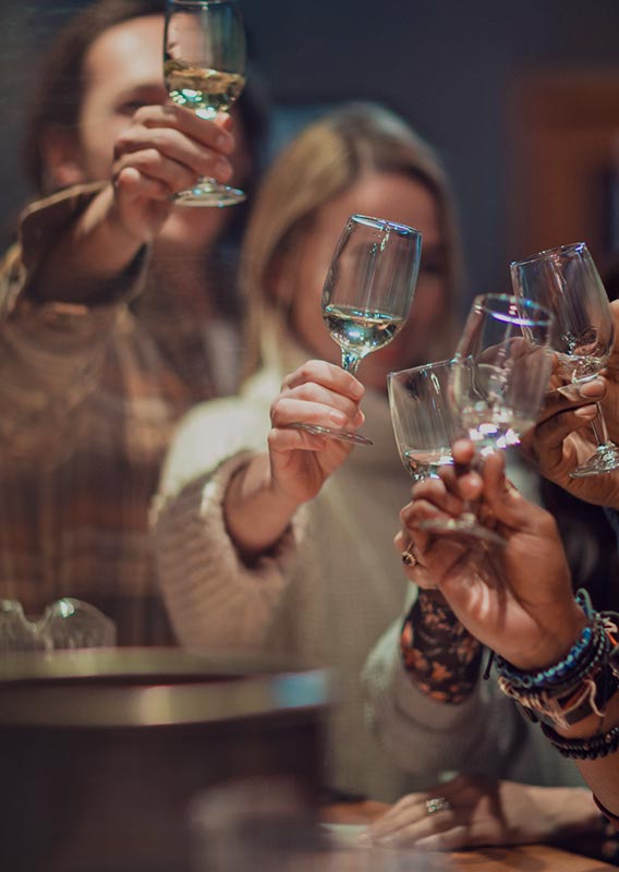 A group of friends raise drinks in a cheers