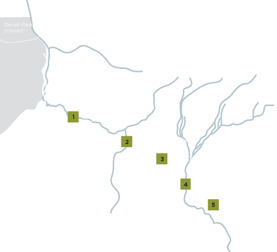 Map showing the route of the Denali Backcountry Adventure Alpine Creek Tour. Route goes from Denali Cabins along the Denali Highway to Alpine Creek Lodge. Stop 1 at Nenana River; stop 2 at Brushkana; stop 3 at Alaska Range Overlook; stop 4 at Susitna River Overlook; Stop 5 at Alpine Creek Lodge.
