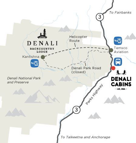 A map showing the location of Denali Backcountry Lodge and the helicopter pick-up point at Temsco Aviation.