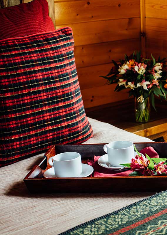 two tea cups on a bed