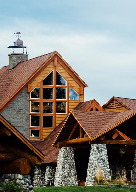 A lodge built of wood and stone.