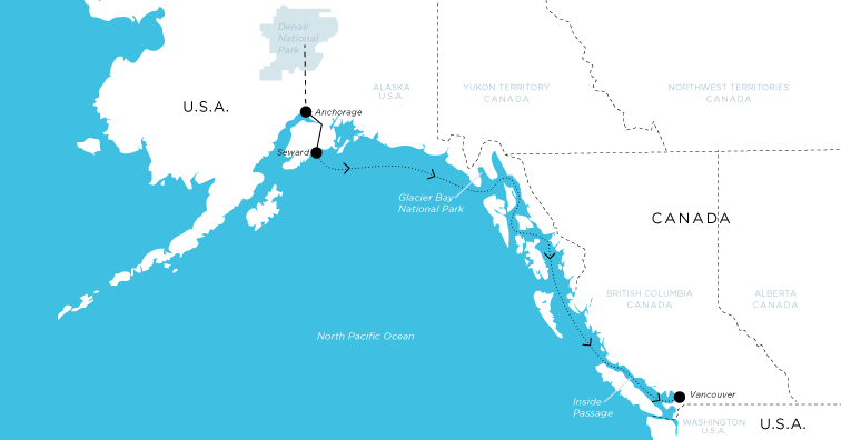Land tour from Anchorage to Seward and cruise from Seward to Vancouver Cruise path from Vancouver to Alaska with land tour to Anchorage