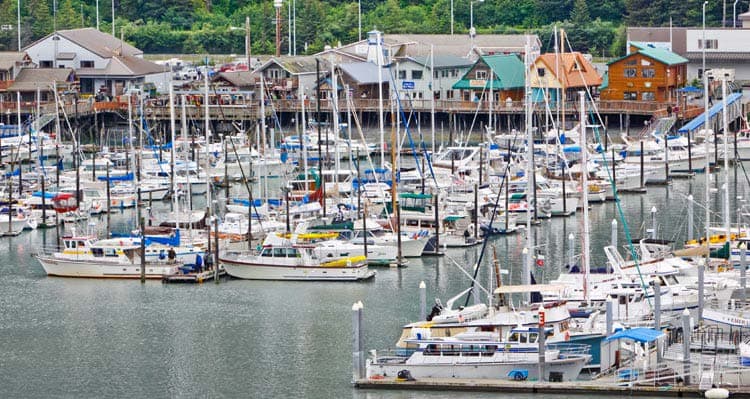 A harbor with dozens of boats and buildings along the water's edge