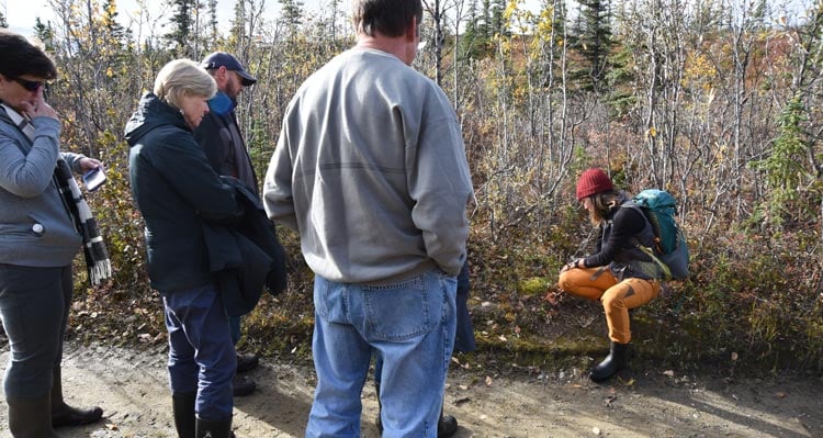 A group of people stopped along a trail to look at plants.