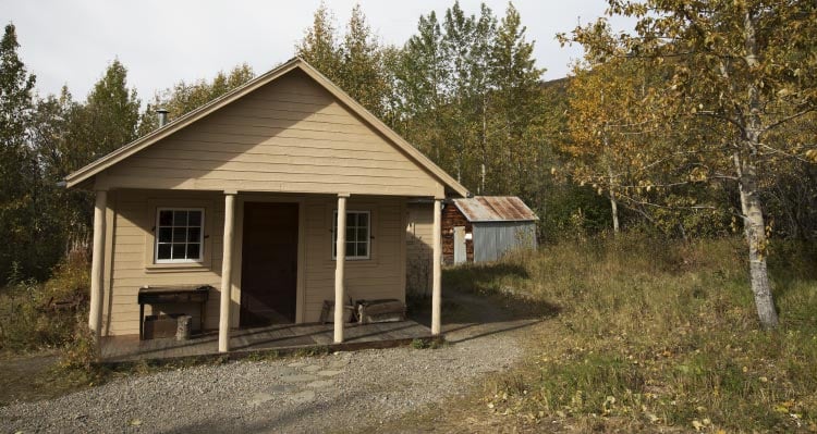 A rustic cabin nestled among trees.