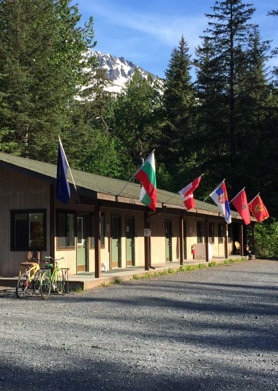 A cabin nestled among trees with flags hanging over the roof.