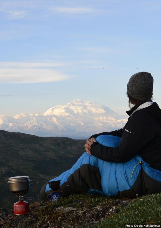 A person sits on a hill looking towards Denali, a massive mountain, covered in snow.