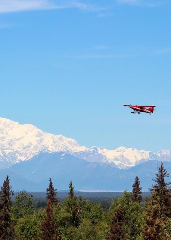 A small red plane flies above a forest ahead of a majestic backdrop of Denali
