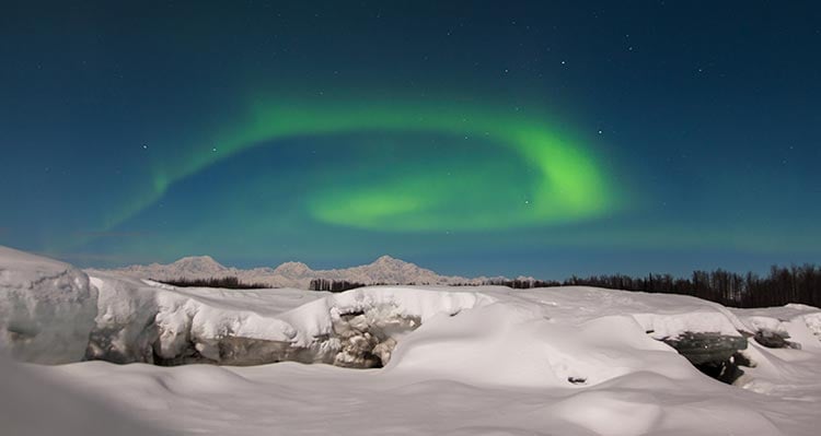 Green northern lights dance above a snowy landscape.