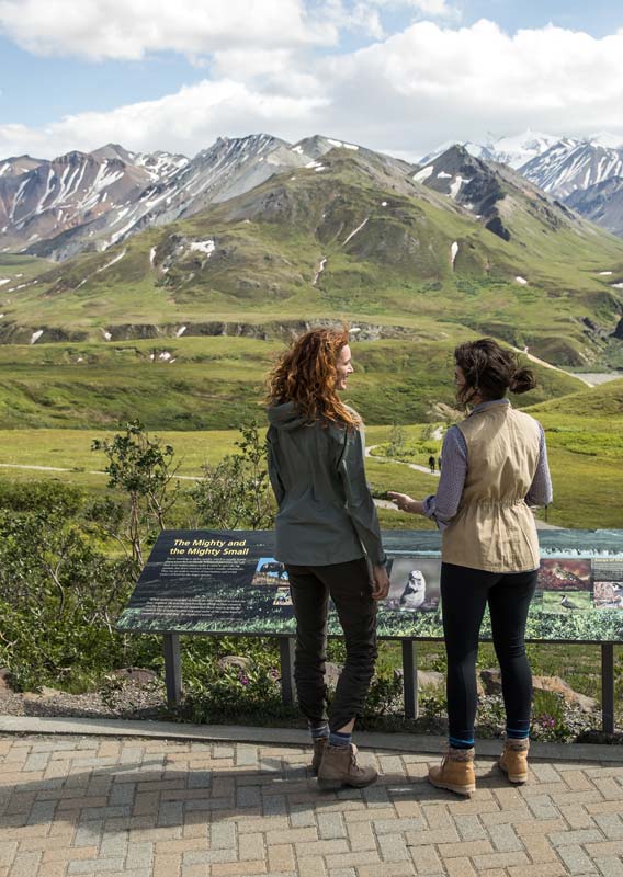 Two people stand at an interpretive sign at Eielson lookout, looking out to tundra and mountains.