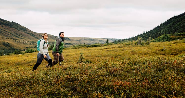 Two people walk on a tundra meadow.