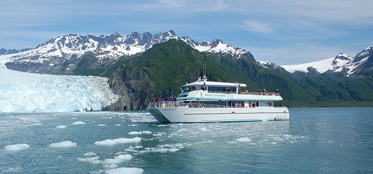 A tour boat explores a glacial mass formed against land