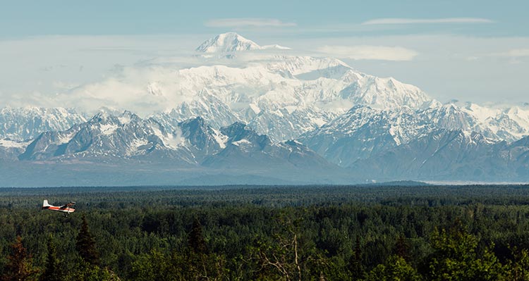 A small plane flies above a forest and before a mountainous landscape.