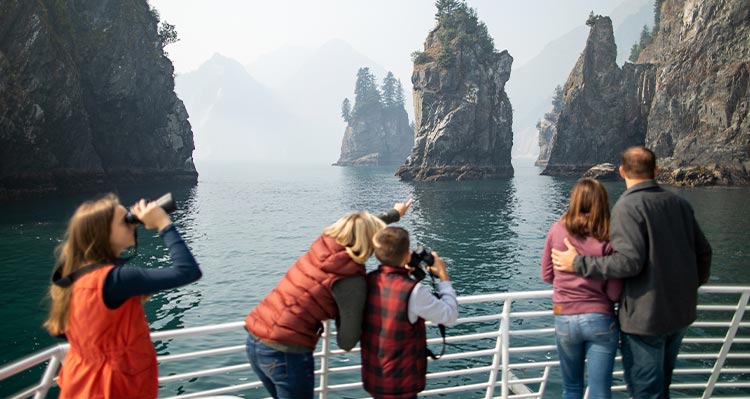 Families stand on a boat deck looking towards tall rocky pillars standing out from the sea.