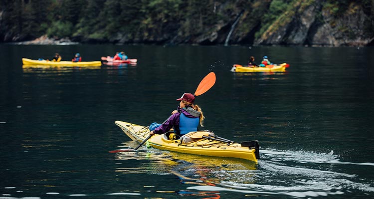 An kayaker on calm water near a forested shore.