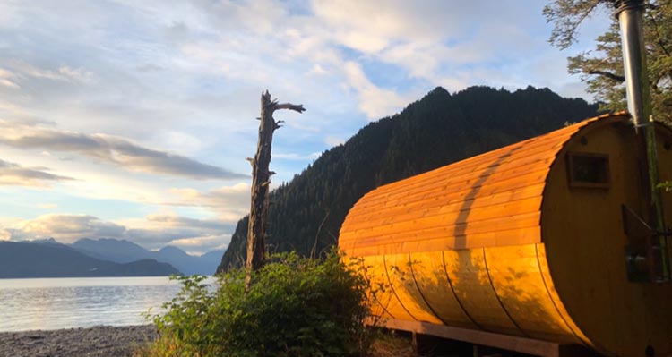 A sauna with a view towards the sea.