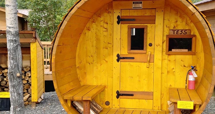 The entryway to a wooden sauna.