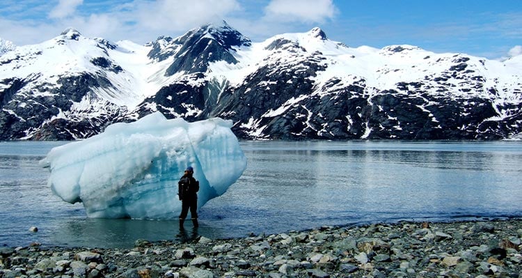 A person stands in front of a large ice cap on the rocky shore, mountains behind.