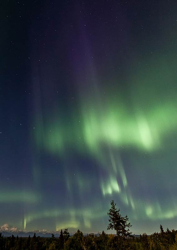 Green northern lights are see in the sky above a mountain range in the distance.