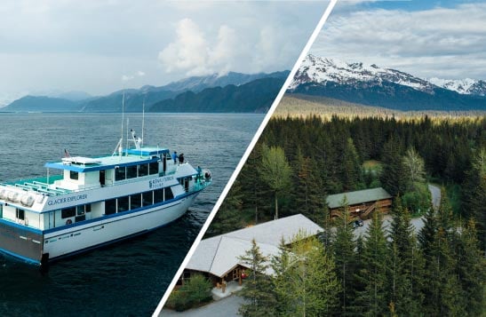 A tour boat and Windsong Lodge on either side of a split image.