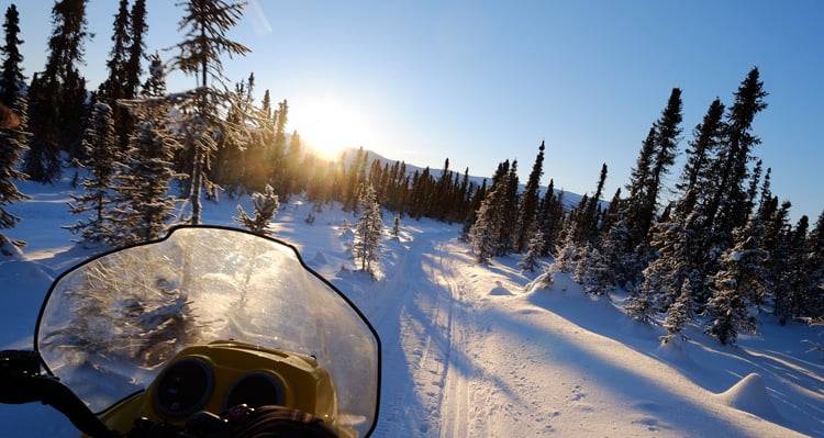 A snowmobile traveling down a snowy forest trail