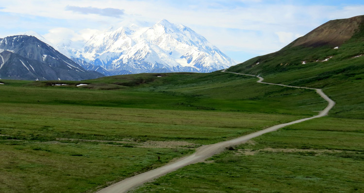 A valley landscape with a road that leads to Denali.