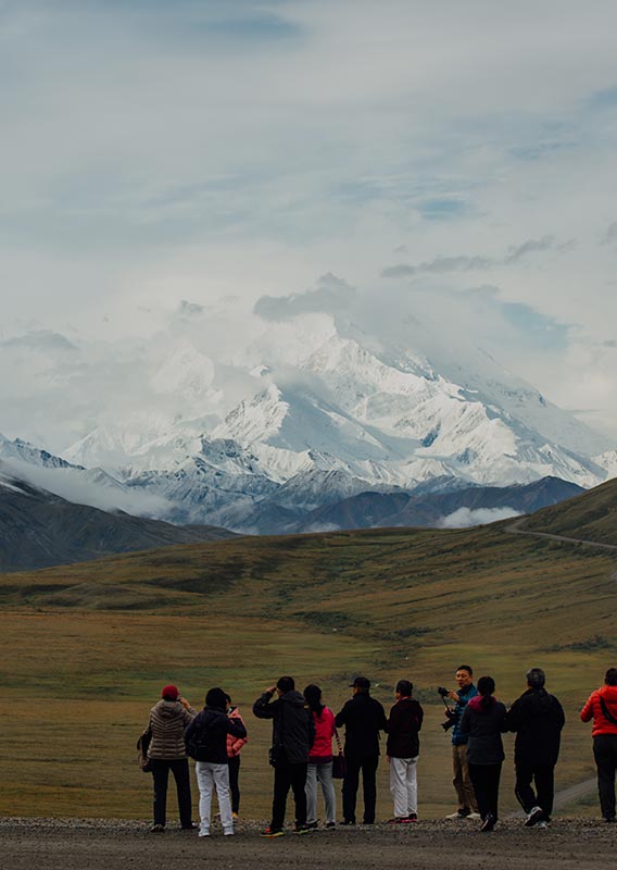 A group of people look out towards a tall glacier-covered mountain.