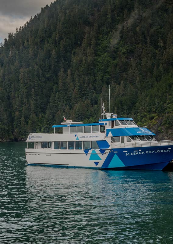 A Kenai Fjords Tours boat docked at a small forested island.