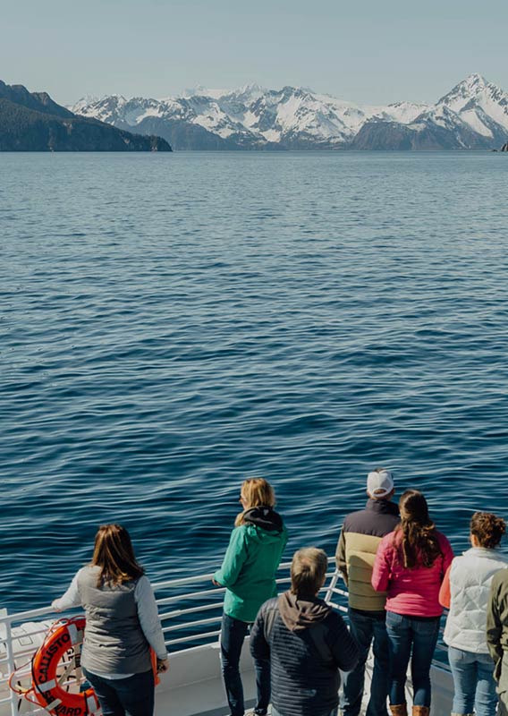 A group of people at the edge of a boat deck, looking out to the sea.