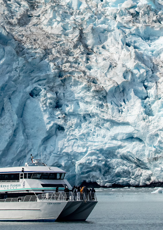 A Kenai Fjords Tours boat sailing past Holgate glacier