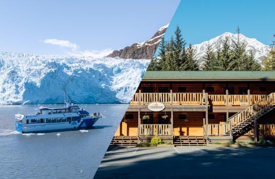 A split image with a Kenai Fjords Tours boat on left and Windsong Lodge on right