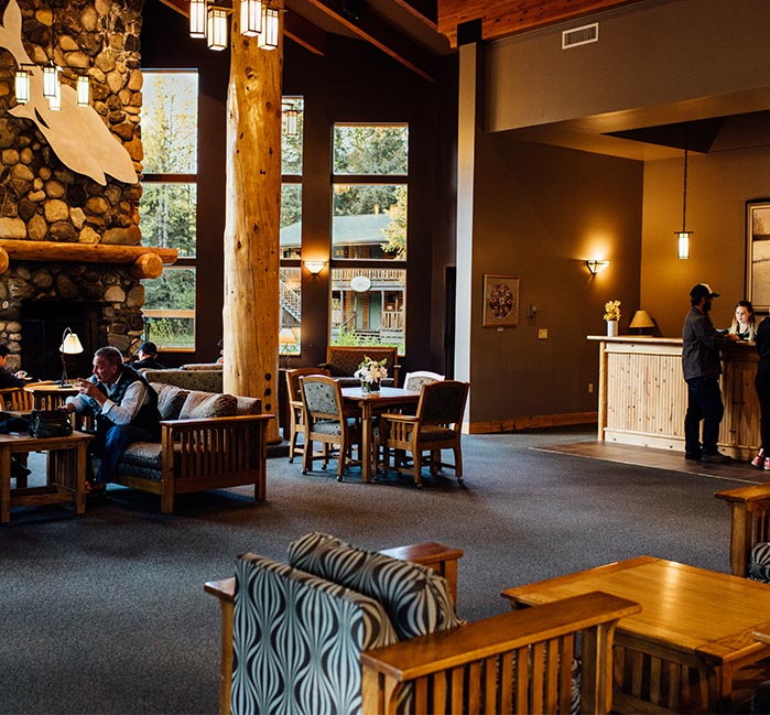 Interior of main lobby at Seward Windsong Lodge